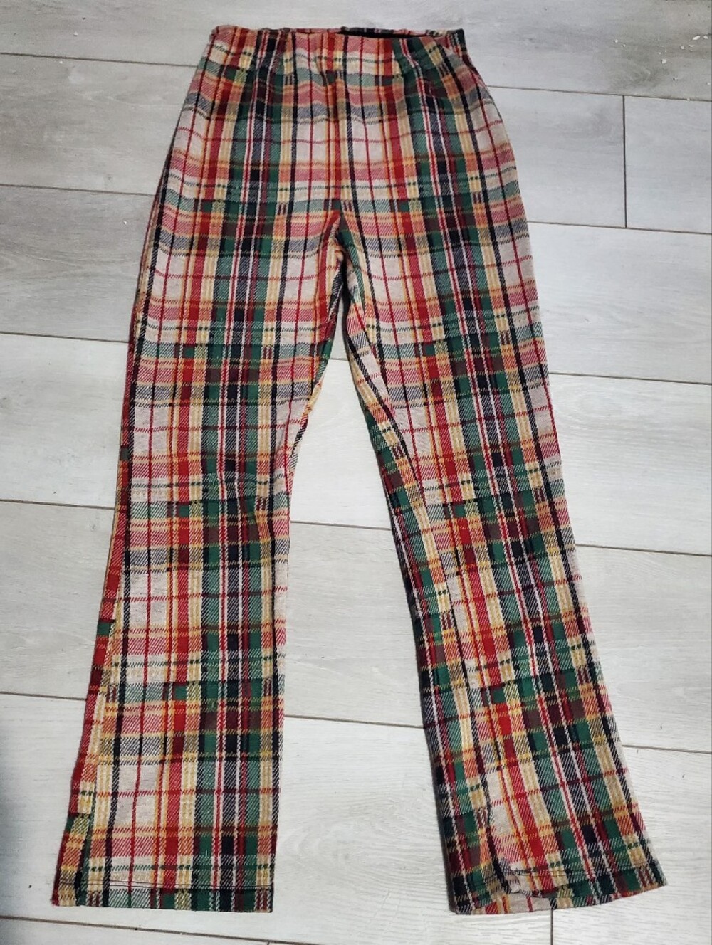 Free People Clean Crop Flare Pant Sz 0 Red Green Tartan Plaid Boho Retro